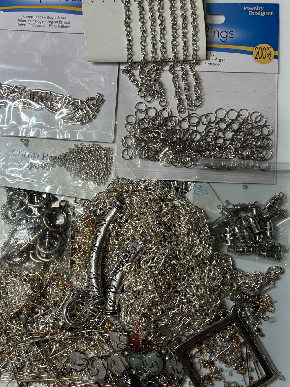 Assorted Silver Jewelry Findings & Chains - Mixed Beads & Connectors